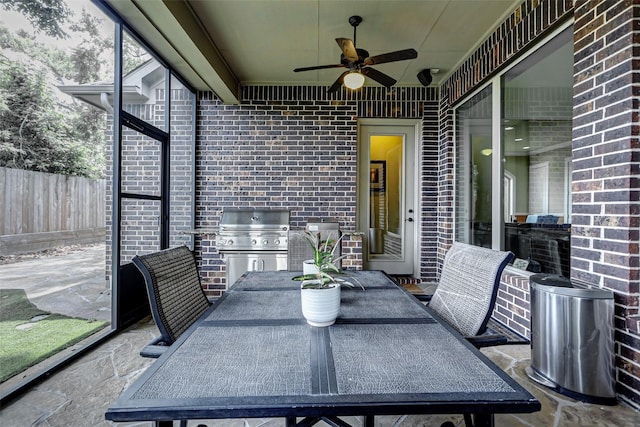 1418 Du Barry Ln, Houston, TX 77018 - sunroom / solarium featuring area for grilling, ceiling fan, and outdoor dining area