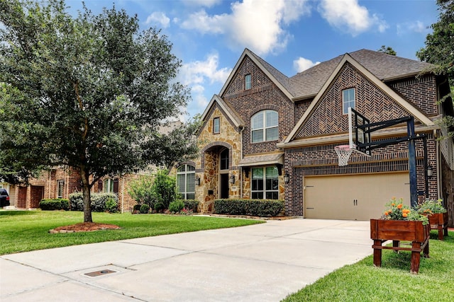 1418 Du Barry Ln, Houston, TX 77018 - view of front of house featuring brick siding, concrete driveway, a front lawn, and stone siding