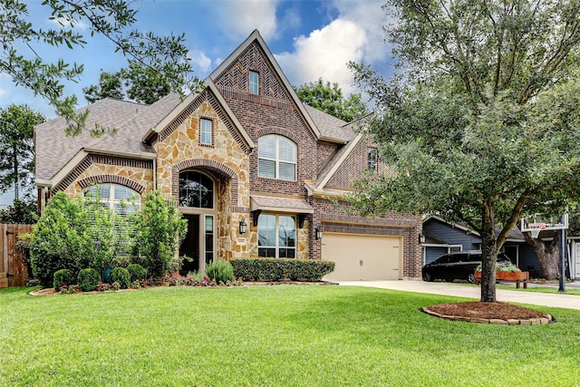 1418 Du Barry Ln, Houston, TX 77018 - view of front of property featuring brick siding, concrete driveway, stone siding, and a shingled roof