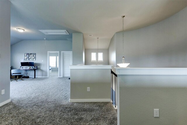 4910 Magnolia Springs Dr, Pearland, TX 77584 - hallway with attic access, carpet, an office area, baseboards, and vaulted ceiling