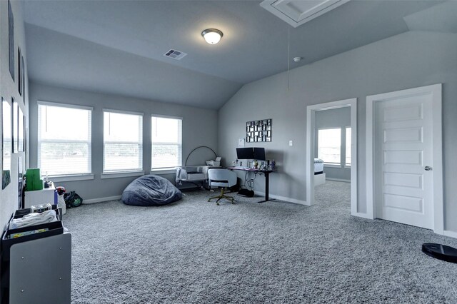 4910 Magnolia Springs Dr, Pearland, TX 77584 - office space featuring lofted ceiling, carpet floors, attic access, and baseboards