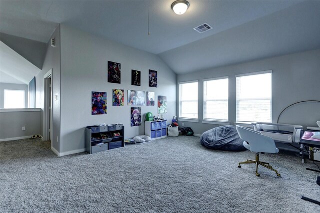 4910 Magnolia Springs Dr, Pearland, TX 77584 - home office with vaulted ceiling, carpet floors, healthy amount of natural light, and baseboards