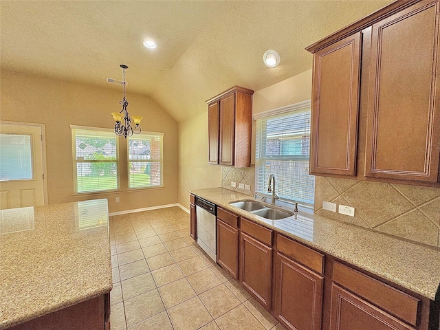 2115 Mooncrest Dr, Houston, TX 77089 - kitchen featuring a sink, stainless steel dishwasher, tasteful backsplash, a chandelier, and light tile patterned flooring