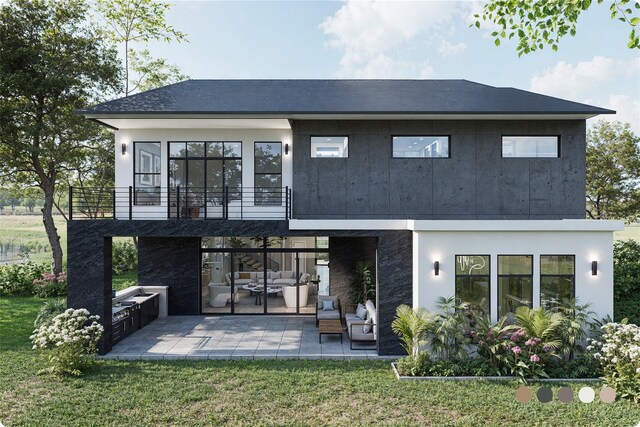 1407 Indiana St, Houston, TX 77006 - rear view of property with an outdoor hangout area, a patio, a balcony, and a yard