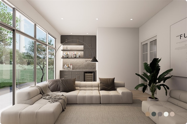 1407 Indiana St, Houston, TX 77006 - living room with beverage cooler, a dry bar, and recessed lighting