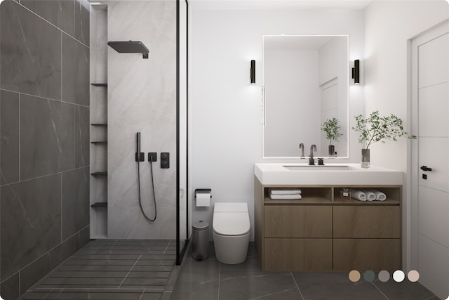 1407 Indiana St, Houston, TX 77006 - full bathroom with tiled shower, vanity, toilet, and tile patterned floors