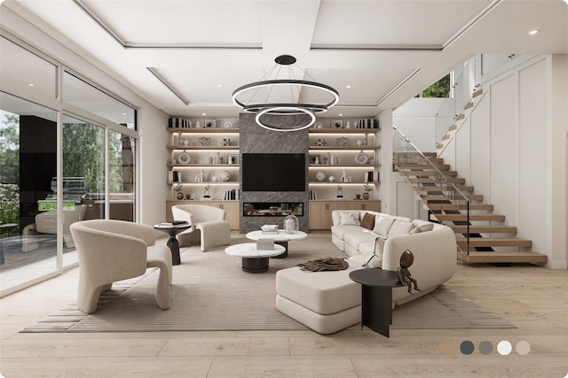 1407 Indiana St, Houston, TX 77006 - living room featuring stairway, wood finished floors, a chandelier, and recessed lighting