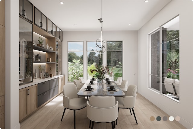 1407 Indiana St, Houston, TX 77006 - dining space featuring light wood finished floors, recessed lighting, and a chandelier