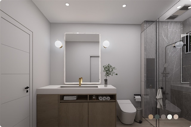1407 Indiana St, Houston, TX 77006 - bathroom with toilet, a tile shower, vanity, and recessed lighting