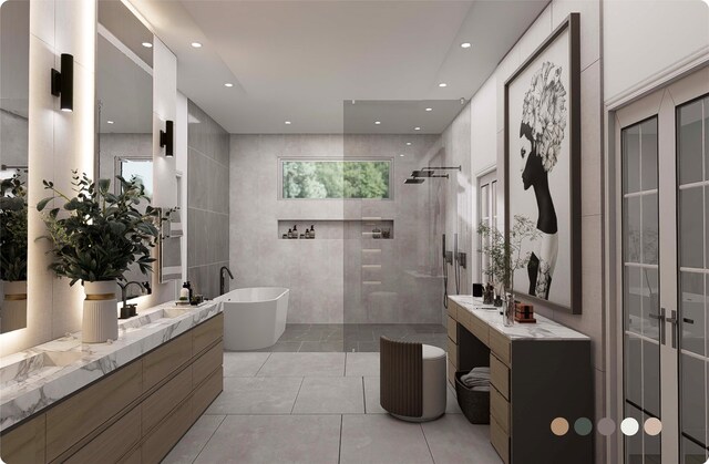 1407 Indiana St, Houston, TX 77006 - bathroom featuring a walk in shower, a freestanding tub, tile walls, vanity, and tile patterned floors