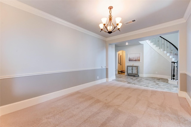 1103 River Delta Ln, Rosenberg, TX 77469 - spare room with a chandelier, carpet floors, arched walkways, crown molding, and baseboards