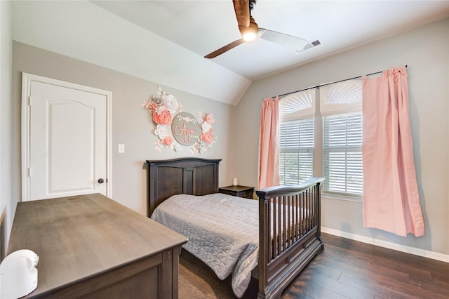 1103 River Delta Ln, Rosenberg, TX 77469 - bedroom featuring dark wood finished floors, vaulted ceiling, baseboards, and ceiling fan