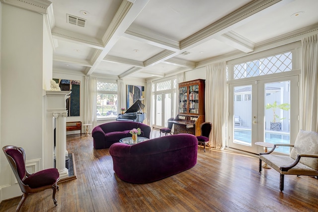 200 Westmoreland St, Houston, TX 77006 - living room with french doors, a fireplace, beamed ceiling, wood finished floors, and crown molding