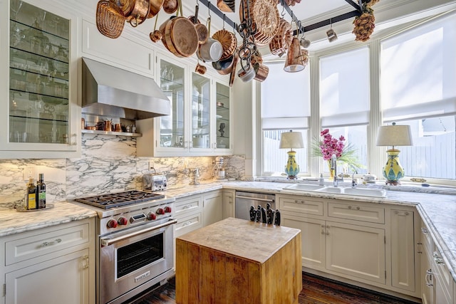 200 Westmoreland St, Houston, TX 77006 - kitchen featuring appliances with stainless steel finishes, ventilation hood, tasteful backsplash, dark wood-style flooring, and white cabinetry