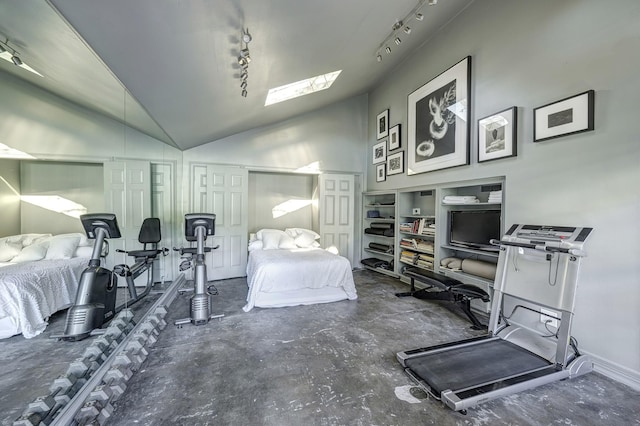 200 Westmoreland St, Houston, TX 77006 - bedroom featuring vaulted ceiling, concrete floors, a skylight, and track lighting