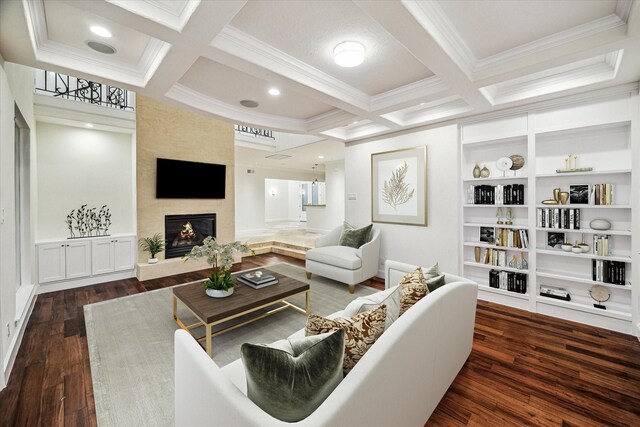 3224 Alabama Ct, Houston, TX 77027 - living area featuring ornamental molding, dark wood-style flooring, coffered ceiling, beamed ceiling, and a large fireplace