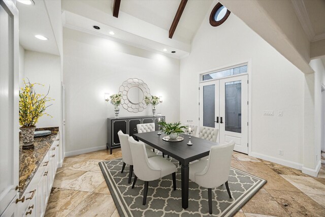 3224 Alabama Ct, Houston, TX 77027 - dining space featuring high vaulted ceiling, beamed ceiling, baseboards, recessed lighting, and light stone finish floors