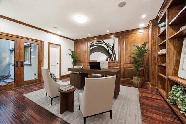 3224 Alabama Ct, Houston, TX 77027 - office space with french doors, wood-type flooring, crown molding, a textured ceiling, and baseboards