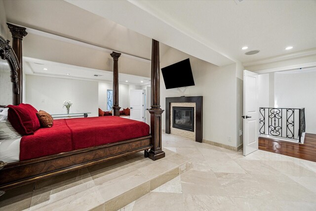 3224 Alabama Ct, Houston, TX 77027 - bedroom featuring recessed lighting, a glass covered fireplace, and baseboards