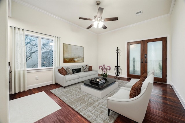 3224 Alabama Ct, Houston, TX 77027 - living room featuring wood finished floors, french doors, baseboards, ornamental molding, and a ceiling fan