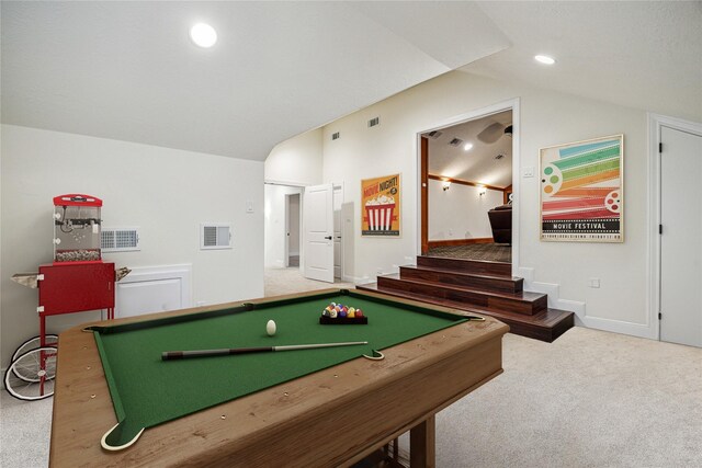 3224 Alabama Ct, Houston, TX 77027 - playroom featuring carpet, lofted ceiling, billiards, and baseboards