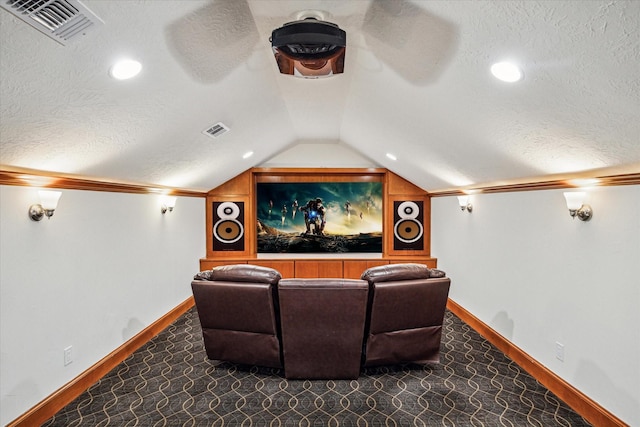 3224 Alabama Ct, Houston, TX 77027 - cinema room with a textured ceiling, vaulted ceiling, carpet floors, baseboards, and recessed lighting