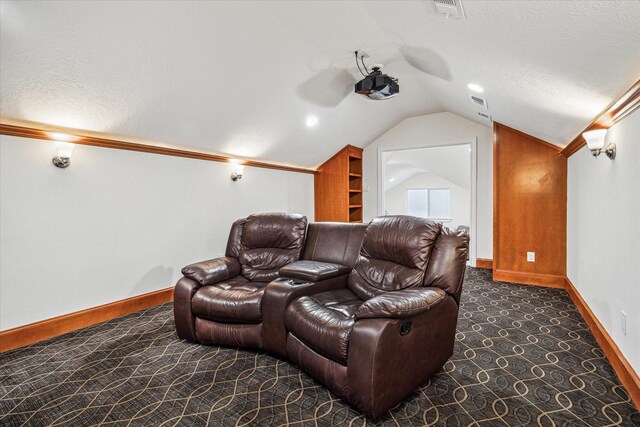 3224 Alabama Ct, Houston, TX 77027 - home theater featuring vaulted ceiling, carpet, baseboards, and a textured ceiling