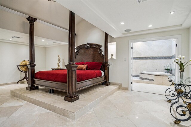 3224 Alabama Ct, Houston, TX 77027 - bedroom featuring recessed lighting, baseboards, marble finish floors, and decorative columns
