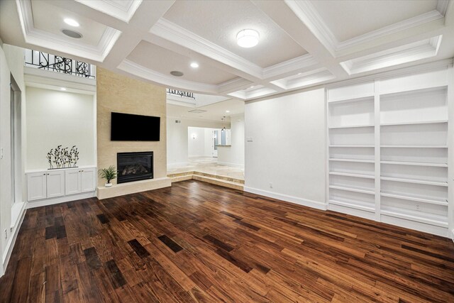 3224 Alabama Ct, Houston, TX 77027 - unfurnished living room with coffered ceiling, crown molding, wood finished floors, beamed ceiling, and a fireplace