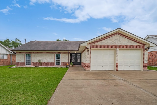 11211 Sageriver Dr, Houston, TX 77089 - ranch-style home with driveway, roof with shingles, brick siding, an attached garage, and a front yard