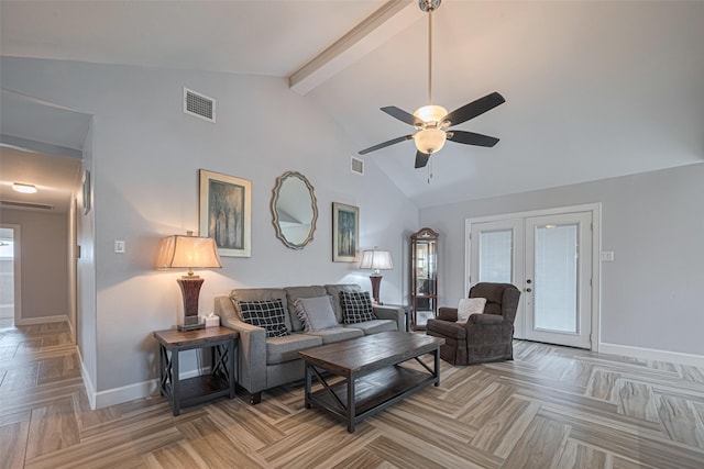 11211 Sageriver Dr, Houston, TX 77089 - living area with french doors, baseboards, beam ceiling, ceiling fan, and high vaulted ceiling