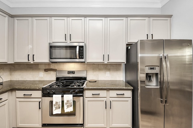 2223 Hilshire Trail Dr, Houston, TX 77080 - kitchen featuring stainless steel appliances, backsplash, crown molding, and dark stone countertops