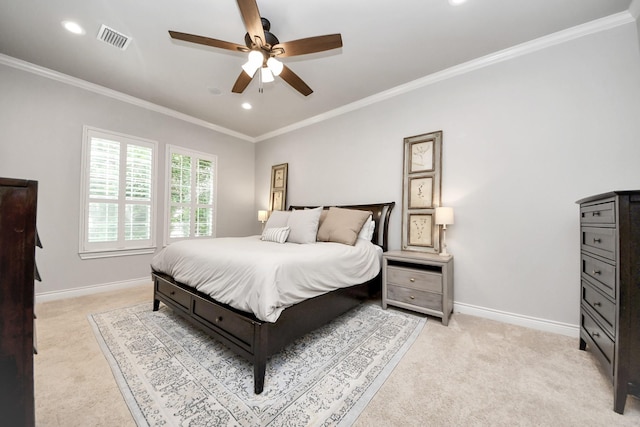 2223 Hilshire Trail Dr, Houston, TX 77080 - bedroom with light carpet, baseboards, crown molding, recessed lighting, and a ceiling fan