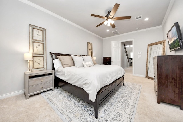 2223 Hilshire Trail Dr, Houston, TX 77080 - bedroom featuring light carpet, crown molding, baseboards, recessed lighting, and a ceiling fan
