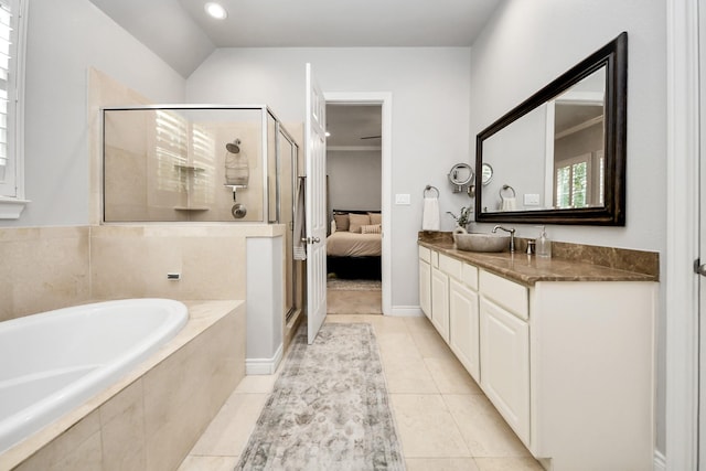 2223 Hilshire Trail Dr, Houston, TX 77080 - ensuite bathroom featuring a shower stall, a garden tub, vanity, tile patterned floors, and recessed lighting