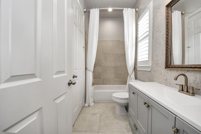 2223 Hilshire Trail Dr, Houston, TX 77080 - bathroom featuring vanity, tile patterned floors, toilet, and shower / bathtub combination with curtain