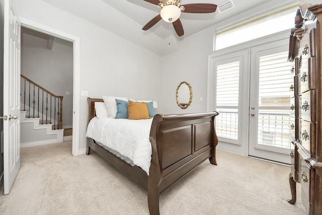 2223 Hilshire Trail Dr, Houston, TX 77080 - bedroom featuring light colored carpet, access to exterior, baseboards, a ceiling fan, and french doors