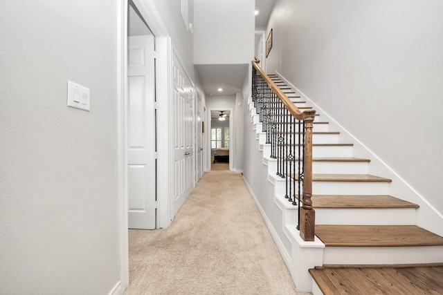 2223 Hilshire Trail Dr, Houston, TX 77080 - stairs featuring carpet, baseboards, ceiling fan, and recessed lighting