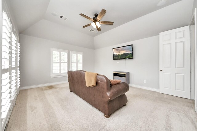 2223 Hilshire Trail Dr, Houston, TX 77080 - living area with lofted ceiling, ceiling fan, light carpet, and baseboards