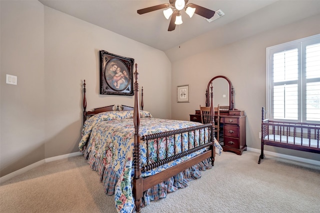 25606 Payton Chase Ct, Katy, TX 77494 - bedroom featuring light carpet, baseboards, ceiling fan, and vaulted ceiling