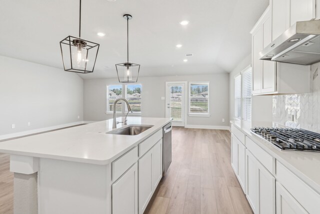 2010 Bluff Oak Ct, Conroe, TX 77304 - kitchen with a sink, appliances with stainless steel finishes, range hood, light wood-type flooring, and recessed lighting