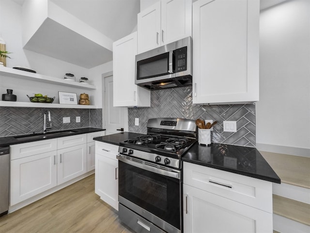 2410 Vaughn St Unit B, Houston, TX 77093 - kitchen featuring appliances with stainless steel finishes, a sink, open shelves, white cabinetry, and dark countertops