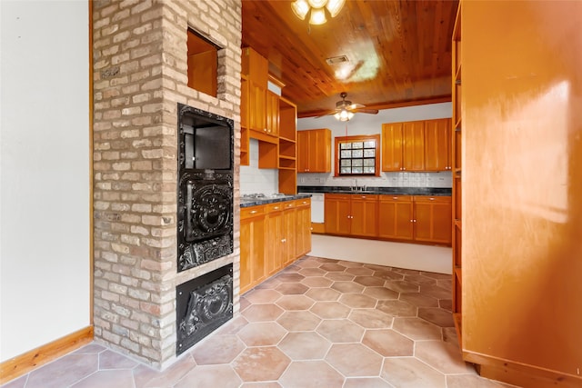 914 S Hill St, Alvin, TX 77511 - kitchen with wood ceiling, open shelves, a ceiling fan, dark countertops, and a sink