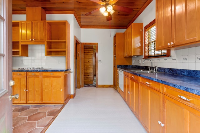 914 S Hill St, Alvin, TX 77511 - kitchen with a sink, open shelves, wooden ceiling, a ceiling fan, and crown molding