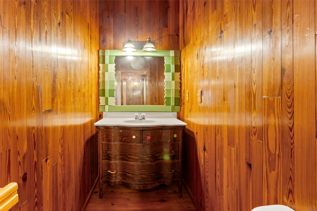 914 S Hill St, Alvin, TX 77511 - bathroom featuring vanity, wooden walls, and wood finished floors
