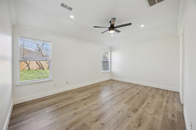 4615 Pleasant Trl, Fresno, TX 77545 - spare room with light wood-style flooring, baseboards, ceiling fan, crown molding, and recessed lighting
