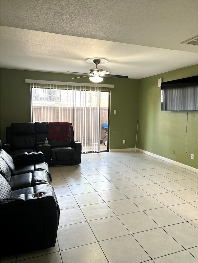 206 Plaza Verde Dr Unit D16, Houston, TX 77038 - living room featuring plenty of natural light, light tile patterned flooring, ceiling fan, baseboards, and a textured ceiling