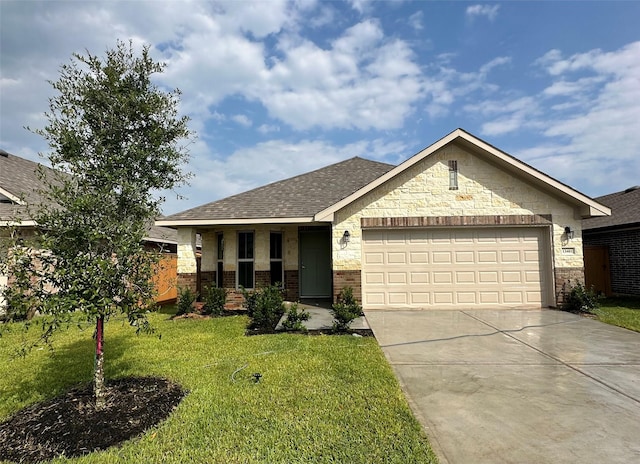 2301 Sereno Shores Dr, Texas City, TX 77568 - view of front facade featuring driveway, a front yard, an attached garage, brick siding, and a shingled roof