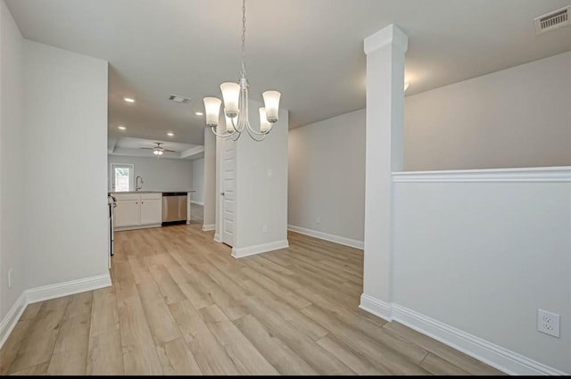 2301 Sereno Shores Dr, Texas City, TX 77568 - unfurnished dining area featuring light wood-type flooring, recessed lighting, ceiling fan, a sink, and baseboards