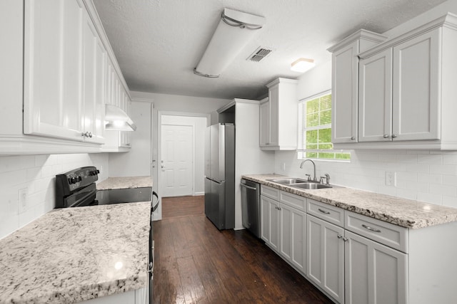 14790 N Tram Rd, Splendora, TX 77372 - kitchen featuring stainless steel appliances, a sink, exhaust hood, decorative backsplash, and dark wood-style floors